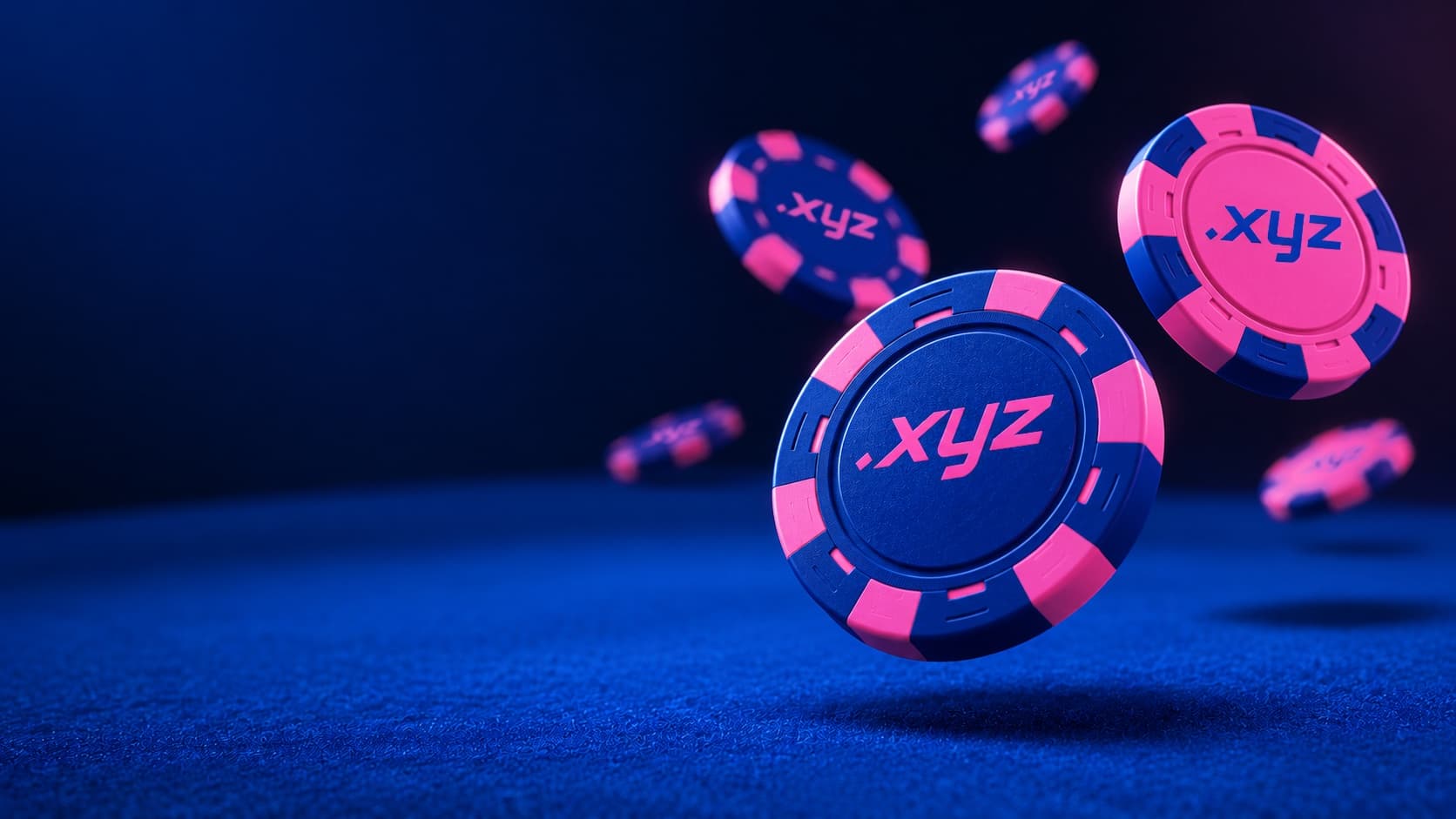 Branded Poker.xyz poker chips falling onto a blue felt table