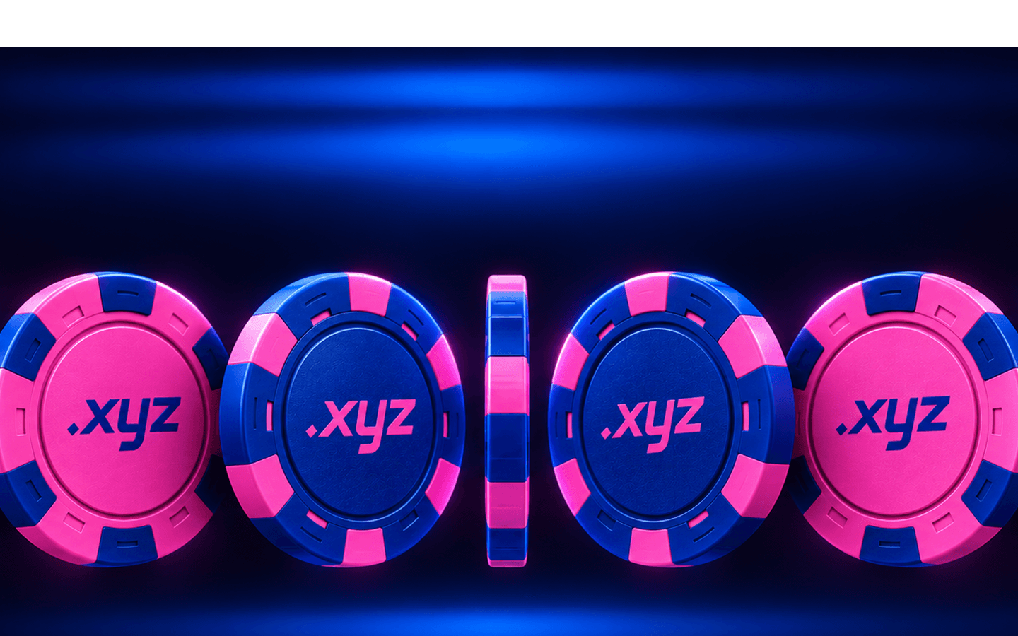 A row of Poker.xyz chips standing on edge under a blue light